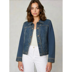 Appleseed's Women's Denim Jacket Blue Sz Lg Collard Neck Button Down Cottagecore